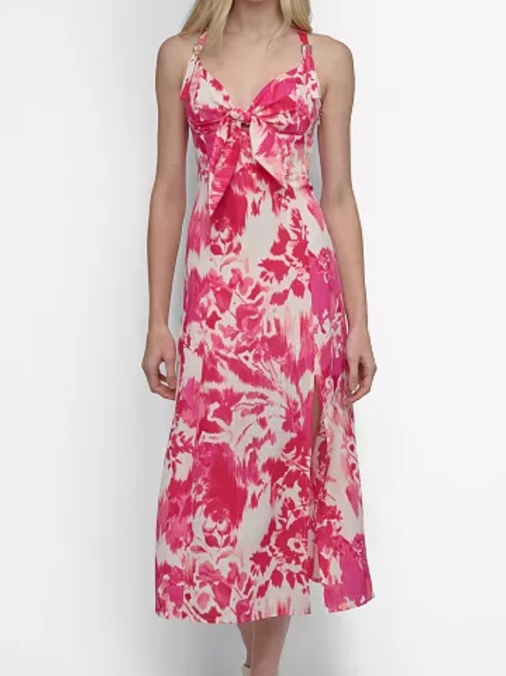 DKNY‎ Pink Floral Tie Front Buckle Strap midi dress size 12 NEW